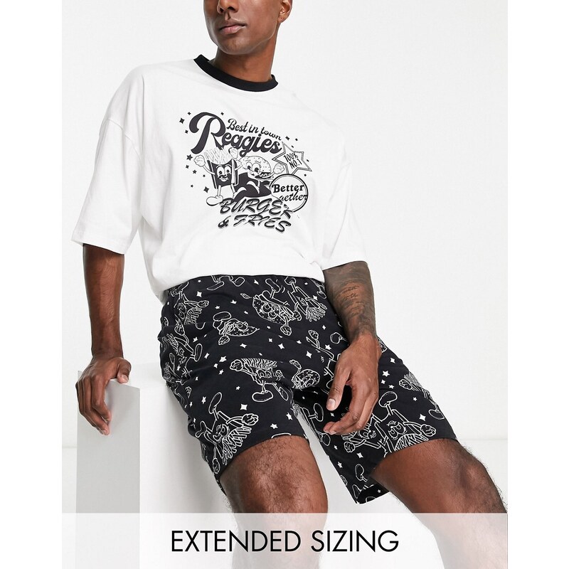 ASOS DESIGN - Completo pigiama con T-shirt e pantaloncini nero e bianco con stampa burger