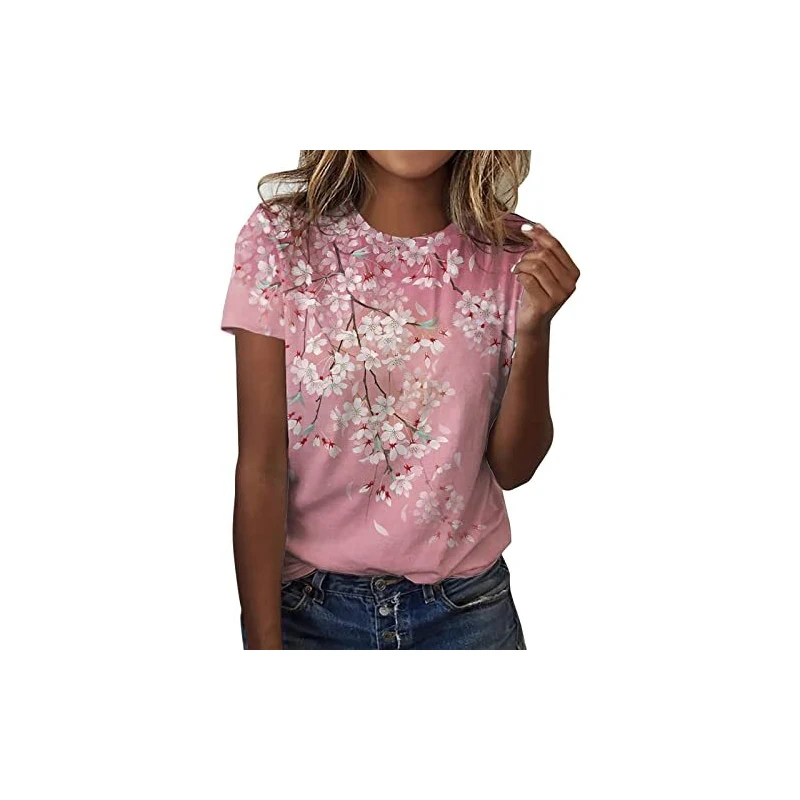 T-Shirt Donna Fiori Stampa - Cotone Manica Corta, Taglie Forti, Stile Casual Estivo - Foto 2