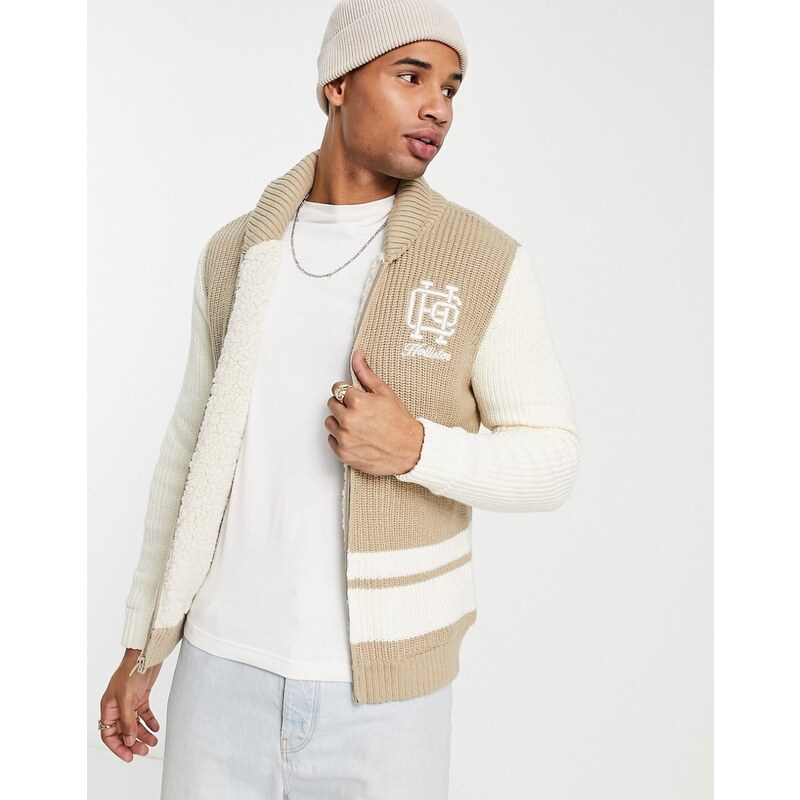 Hollister - Cardigan in maglia foderata in pile borg con zip, colletto sciallato e monogramma del logo color cuoio-Marrone