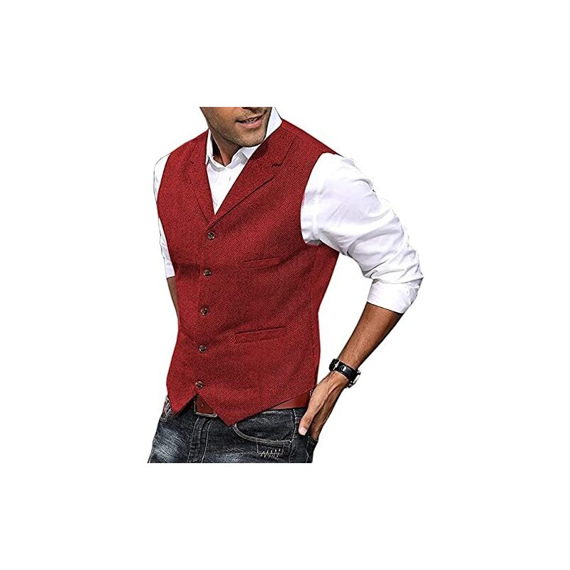 Tiavllya Uomo Herringbone Tweed Tuta Gilet Lana Kerbter Revers Single Breasted Formale Gilet Colore Rosso Xl 126055436