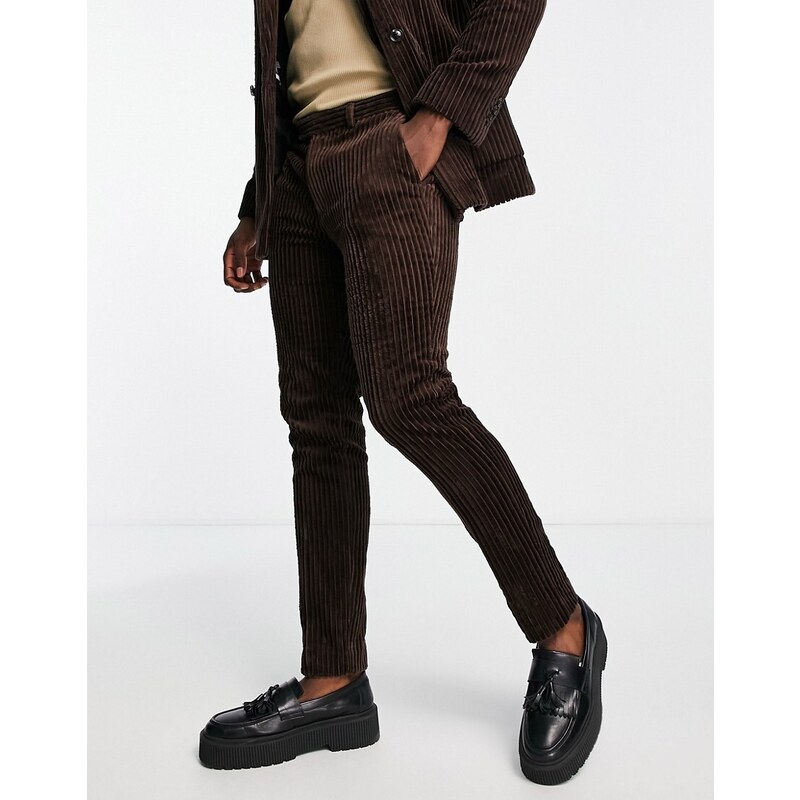 Topman - Pantaloni da abito skinny in velluto a coste marrone