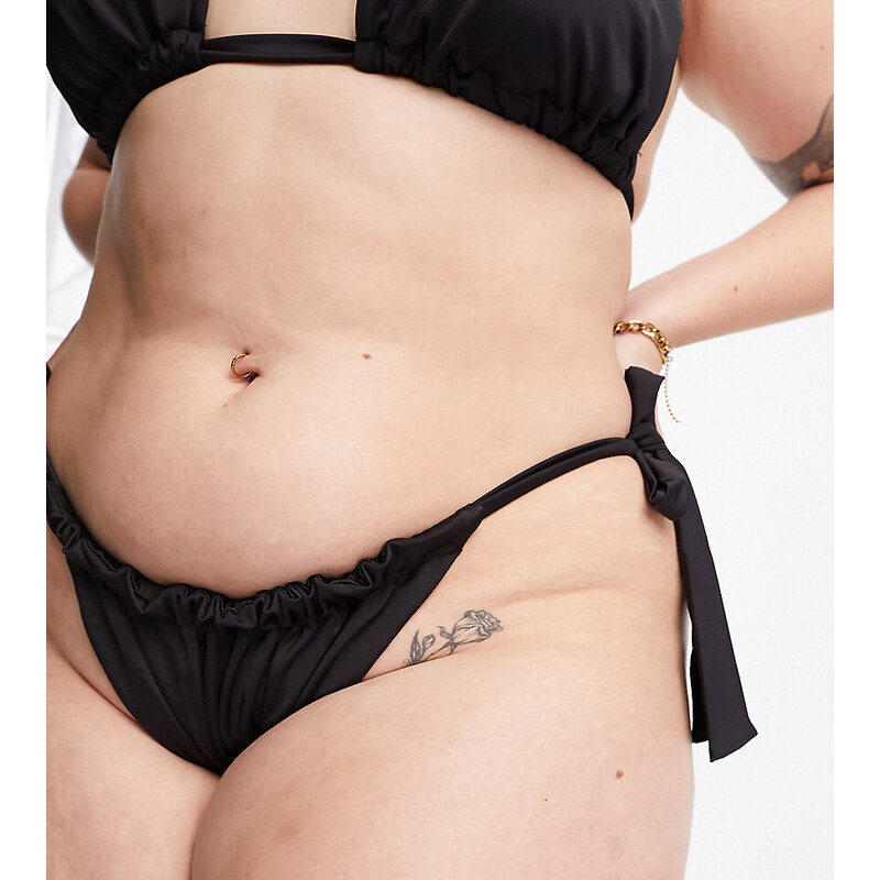 ASOS Curve ASOS DESIGN Curve - Mix and Match - Slip bikini con arricciature e laccetti laterali neri-Nero