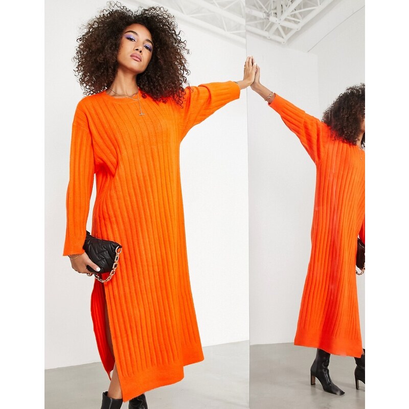 ASOS EDITION - Vestito lungo extra largo in maglia a coste larghe con spacco laterale arancione-Verde