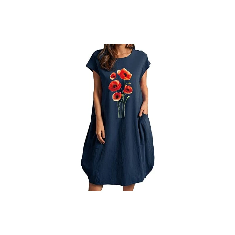 Abito Donna Maniche Corte In Cotone Tinta Unita - Blu, Taglia L, 95% Cotone 5% Spandex, Occasioni Speciali