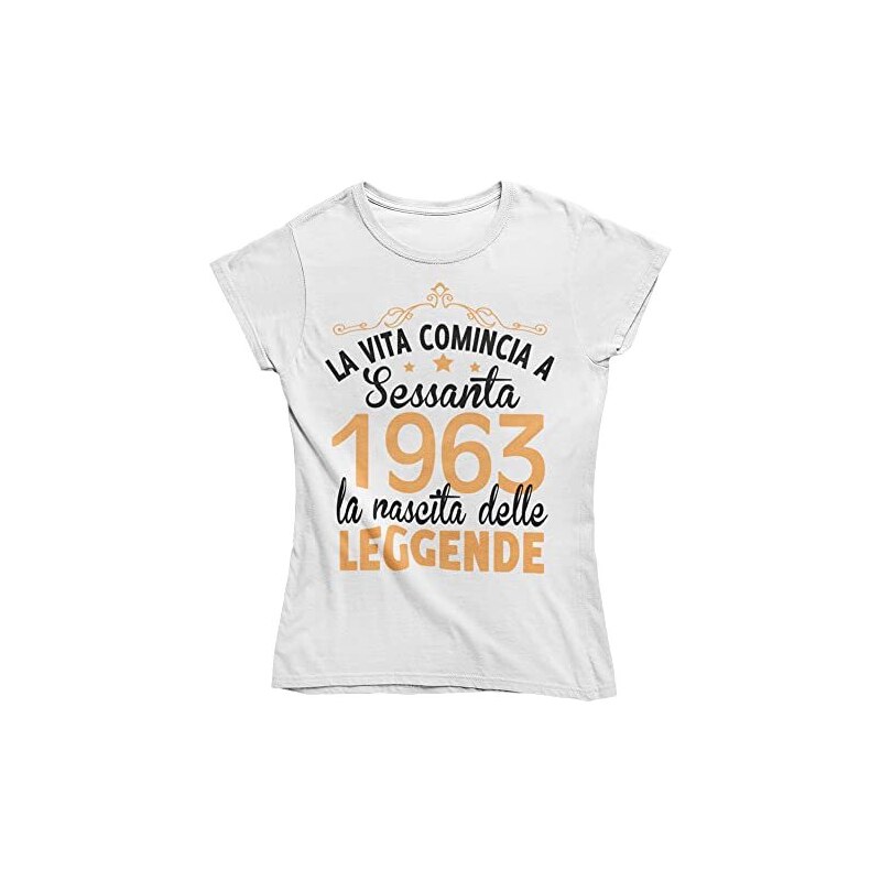 Vulfire Maglietta Donna Idea Regalo per Compleanno, 1963 La Vita Comincia a  sessanta la Nascita delle Leggende, Festa dei 60 Anni (Bianco, S) 