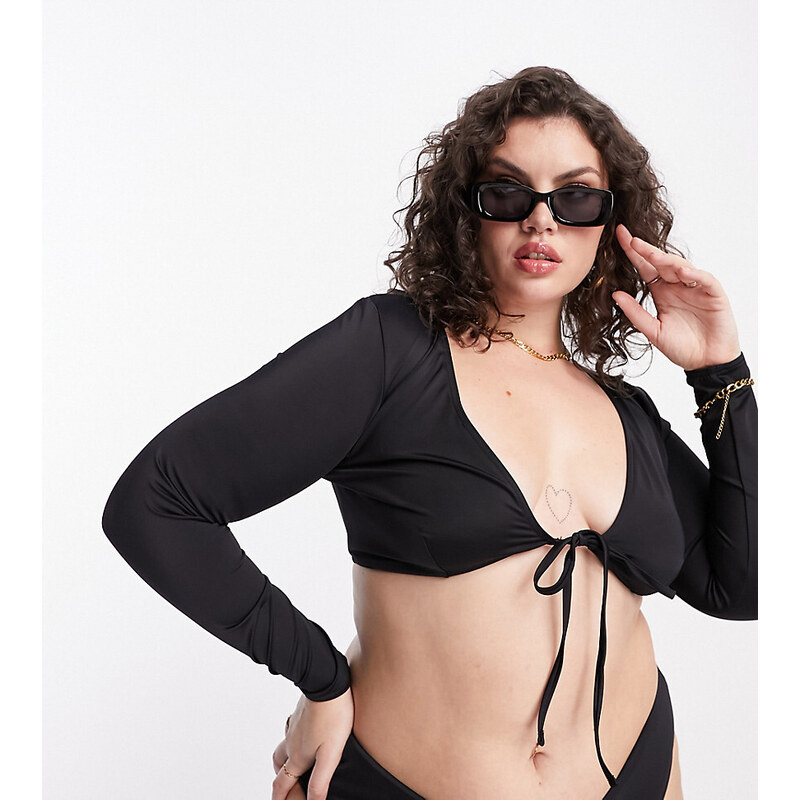 ASOS Curve ASOS DESIGN Curve - Mix and Match - Top bikini nero a maniche lunghe allacciato sul davanti