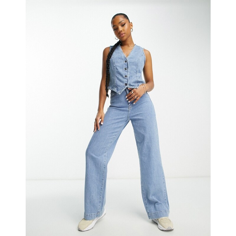 Vero Moda - Aware - Jeans con fondo ampio in denim doppiato lavaggio azzurro in coordinato-Blu