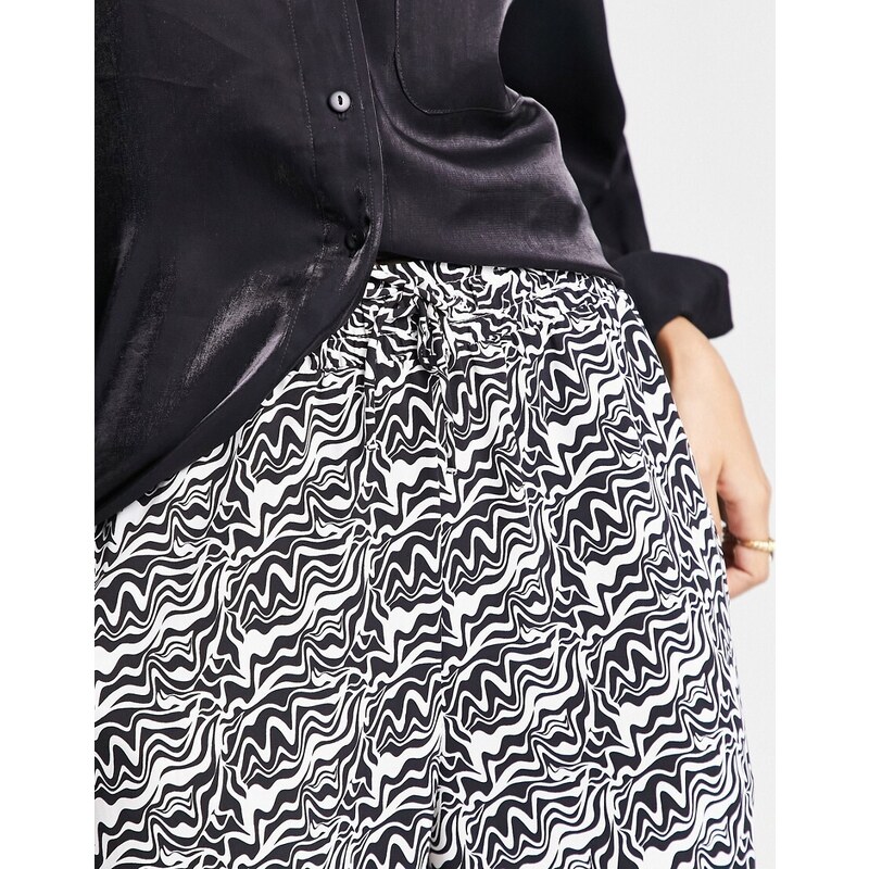 Monki - Pantaloni dritti con coulisse e stampa astratta bianca e nera-Multicolore