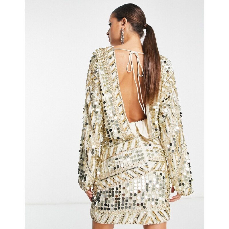 ASOS DESIGN - Vestito corto con decorazione patchwork e dettaglio in vita color oro