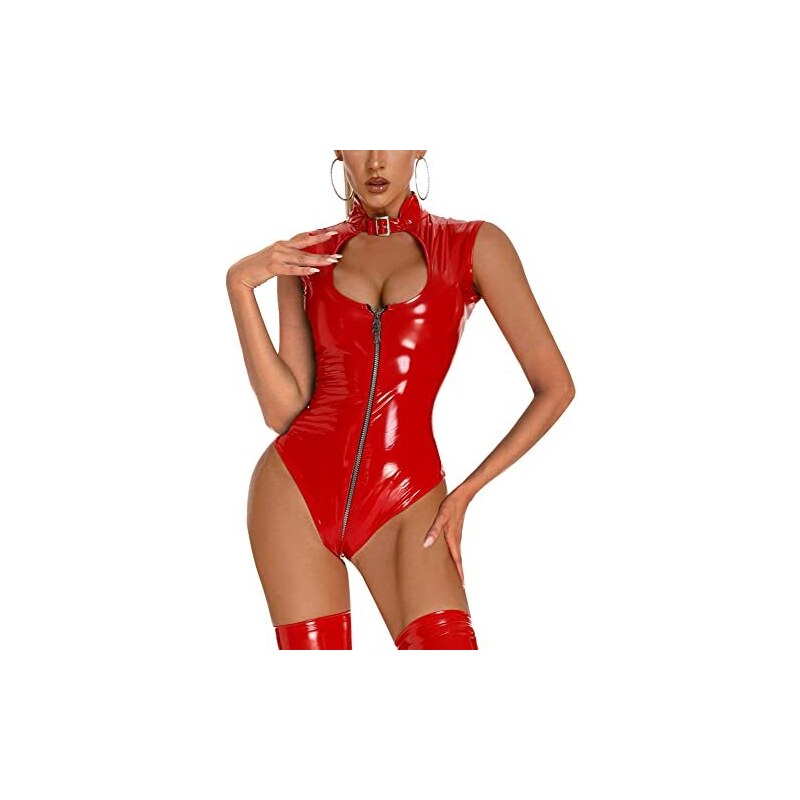 FEOYA Tuta body da donna in pelle Sexy Catwoman Catsuit Wetlook Elasticità  Jumpsuit Bodysuit Mini Abito Lingerie Aderente laccata Clubwear Party  Cosplay Costumi di Carnevale - rosso 2,M 