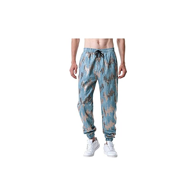 Pantaloni da uomo con glitter in argento metallizzato, pantaloni da