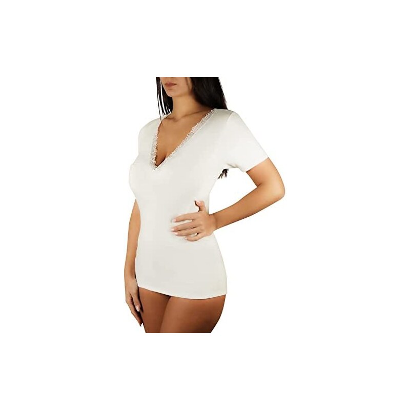 Clessidra Pacco da 3 Magliette a Manica Corta con Forma Seno e Ricamo in Lana Cotone Made in Italy, Magliette Intime Donna, Lana Cotone, Maglia Mezza Manica, Camiciola, Reggiseno PT4231 (8, Bianco)