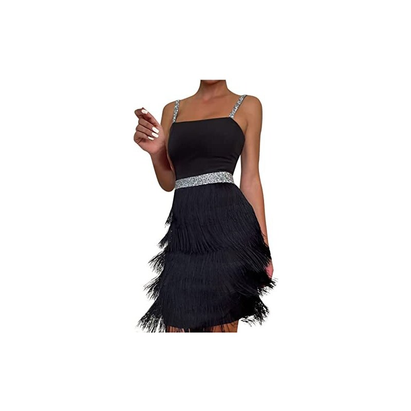 Umenlele Mini Abito Con Frange E Scollo A V Profondo Donna – Senza Maniche, Per Cocktail E Feste