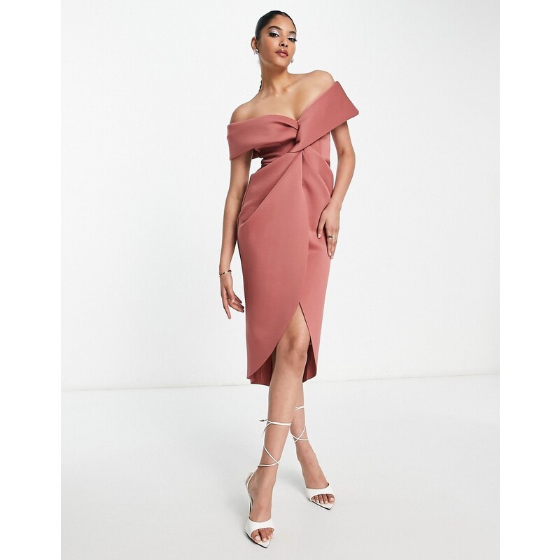 ASOS DESIGN Vestito midi rosa con spalle scoperte e incrocio sul davanti