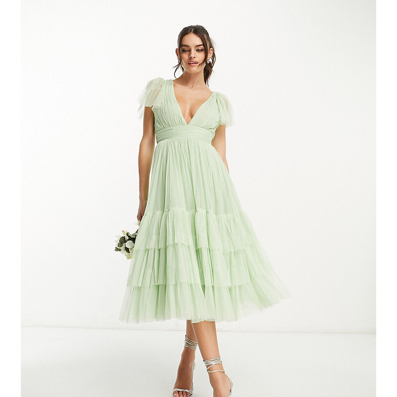 Lace & Beads - Madison - Vestito da damigella in tulle color salvia con scollo a V-Verde