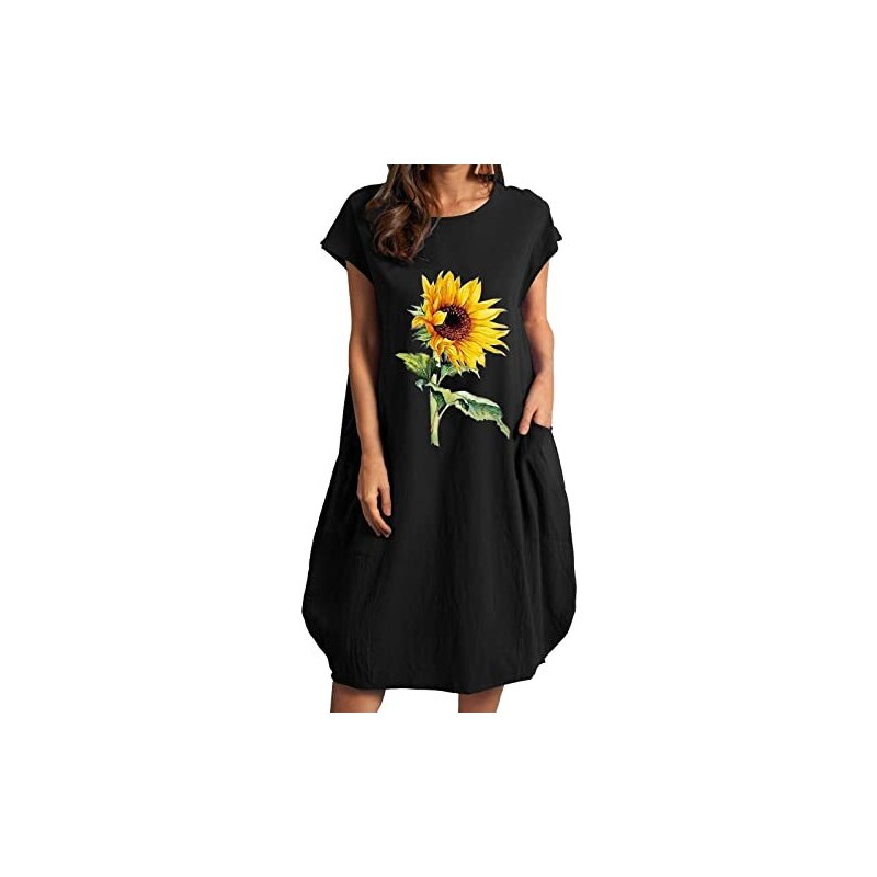 Eauptffy 2023 Donne Cotone Lino Abito estivo a maniche corte allentato con stampa girasole da
