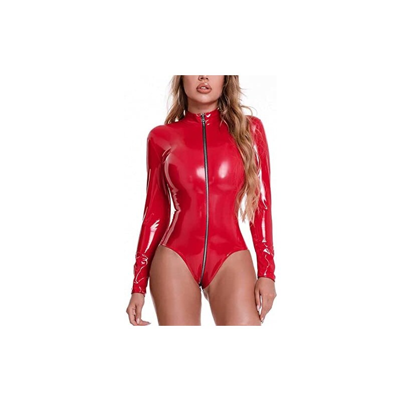 Freebily Catsuit Sexy Donna Hot Latex Body Sexy Aperto Seno Maniche