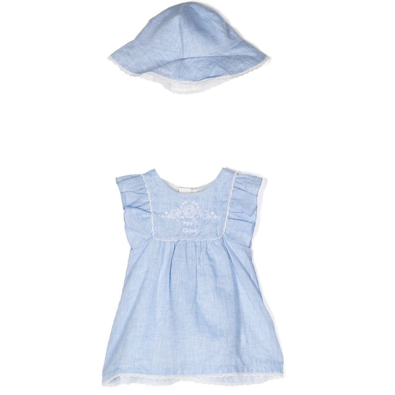 Chloé Kids Set abito e cappellino con ricamo - Blu