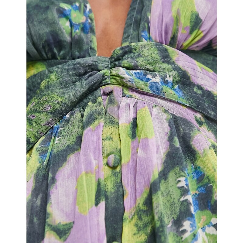 ASOS DESIGN - Vestito corto morbido allacciato davanti verde con stampa a fiori-Multicolore