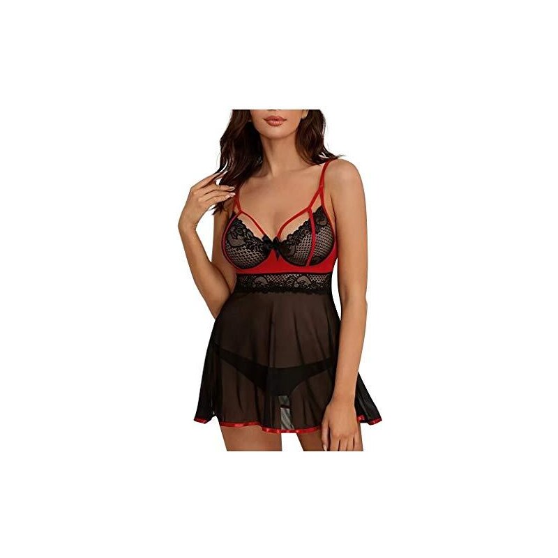 ROSVAJFY Donna Bodystocking a Rete Sexy Body Lingerie, Trasparente Tuta Elastico Bodysuit Negligee Intima Pizzo Babydoll Un Pezzi Camicia da Notte Mesh Backless Nero