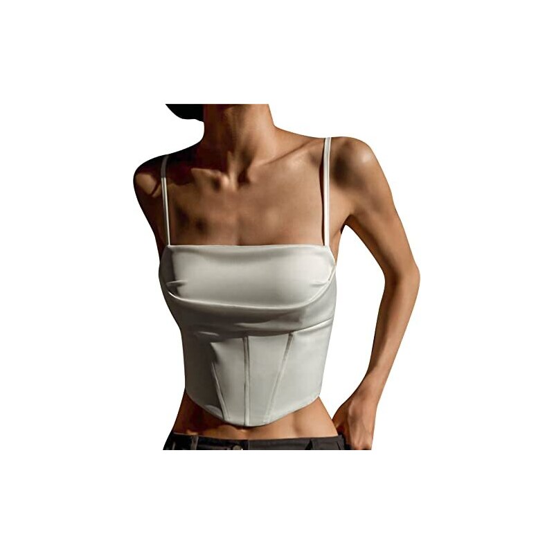 Corsetto Crop Top Donna Y2K - Canotta Senza Maniche In Raso Con Stampa, Scollatura A V, Schiena Scoperta - Top Estivo Streetwear