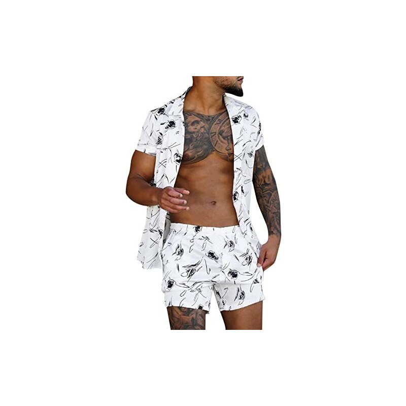 Completo da uomo floreale hawaiano, 2 pezzi, camicia a