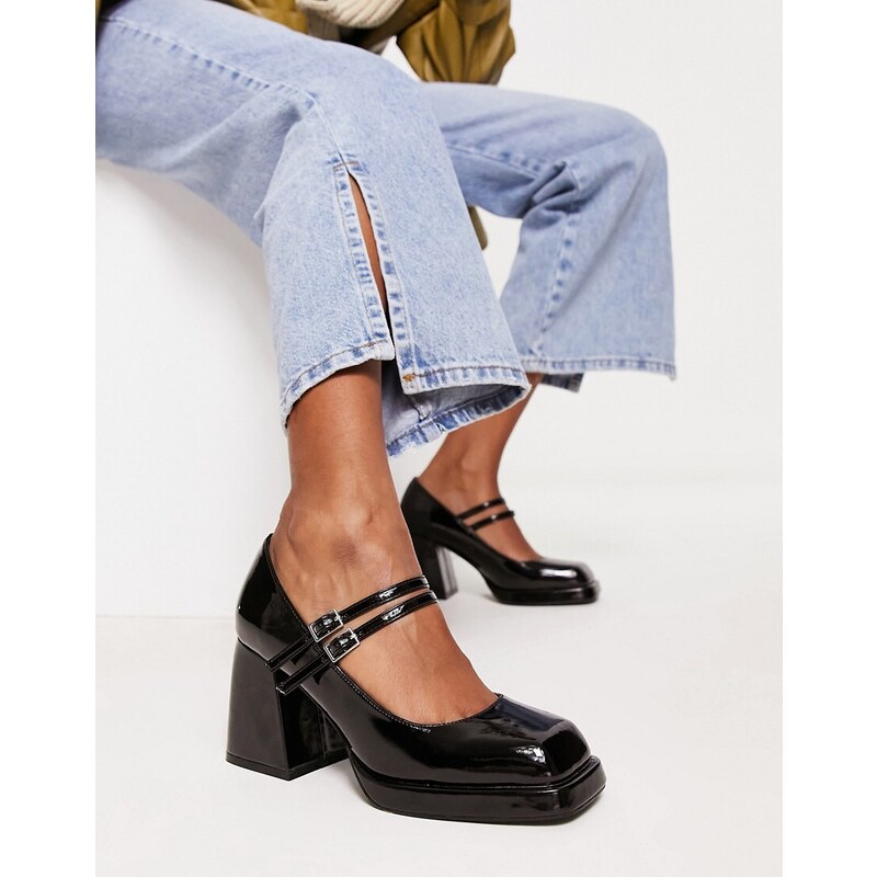 ASOS DESIGN Sully Scarpe Mary Jane con plateau e tacco medio nero verniciato Stileo