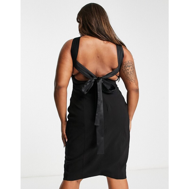 Lavish Alice Plus - Vestito midi in raso nero con cintura