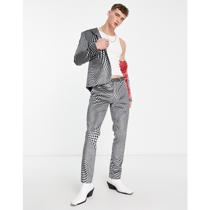 Twisted Tailor - Amoros - Pantaloni da abito skinny neri e bianchi con stampa distorta a quadri-Multicolore