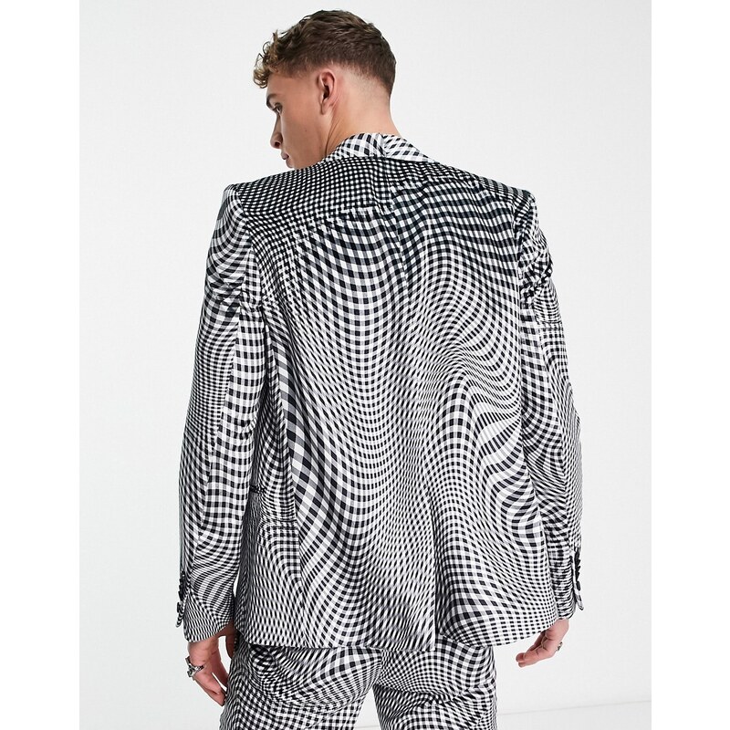 Twisted Tailor - Amoros - Giacca da abito nera e bianca con stampa distorta a quadri-Multicolore