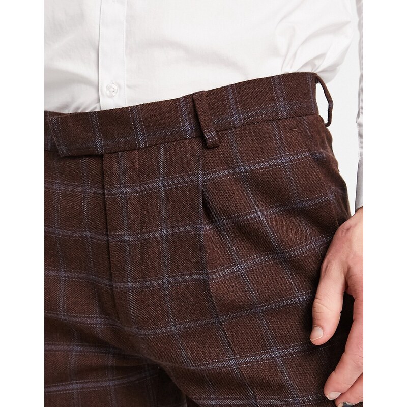 Noak - Pantaloni da abito skinny in misto lana bordeaux a quadri-Rosso