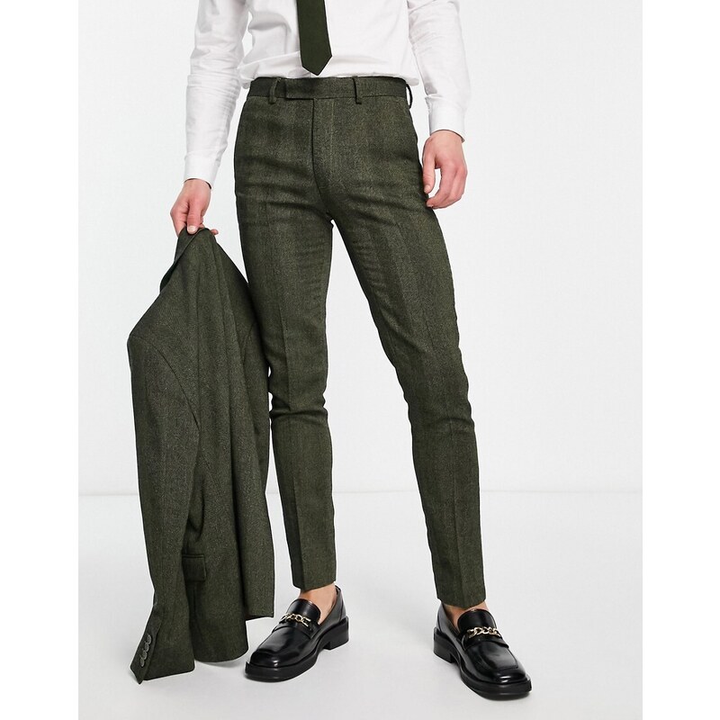 ASOS DESIGN - Pantaloni da abito skinny in misto lana verdi a spina di pesce-Verde