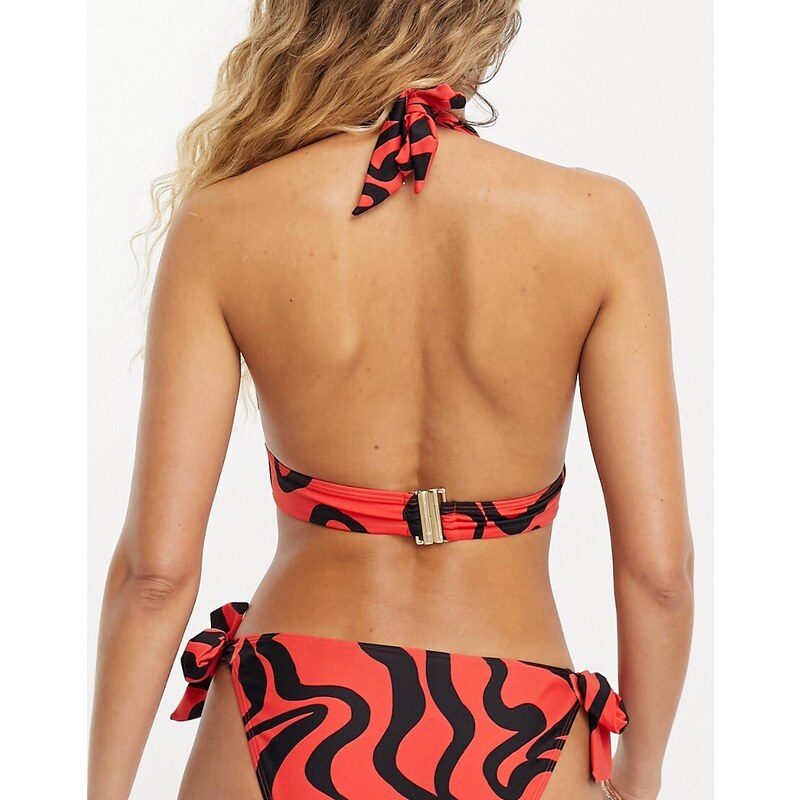 New Look - Top bikini allacciato al collo rosso con stampa astratta
