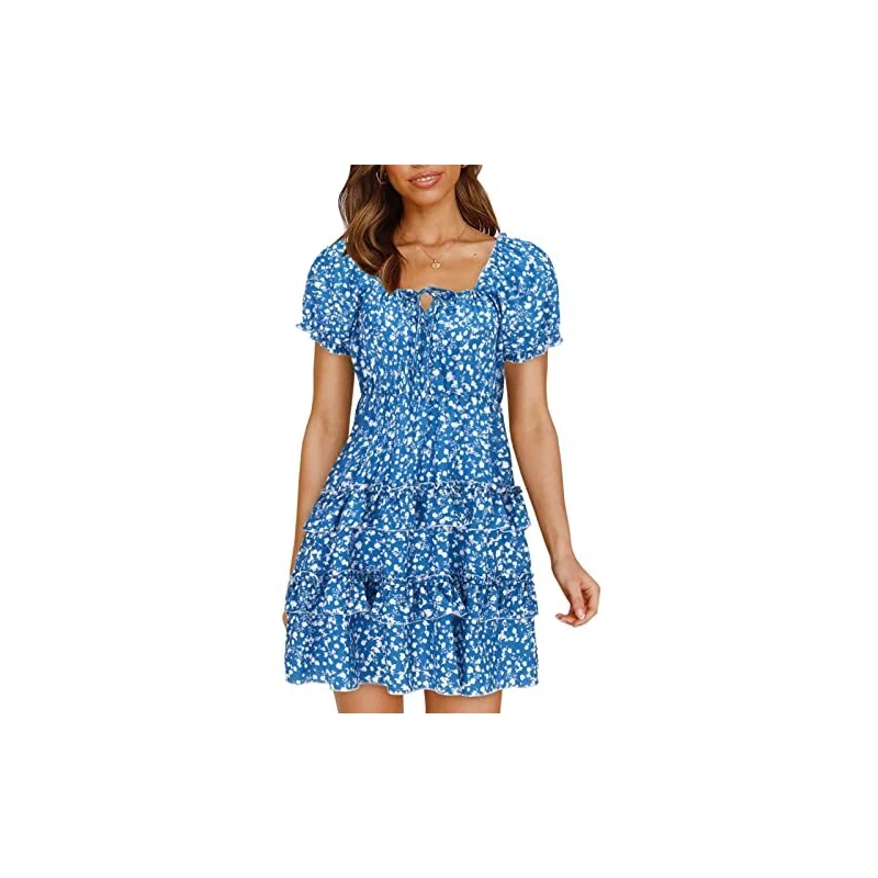 WNEEDU Abito Estivo Donna Vestito Spiaggia Cinturino Spaghetti Copricostume Abiti Casual Corto Prendisole Con Scollo A V Tasche Stampa Blu M 105800242