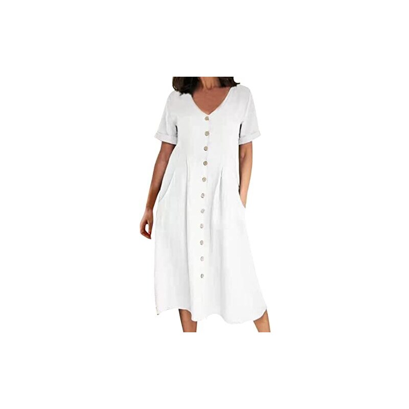 Donna Estivo Cotone Lino Midi Abito Donna Casual Sciolto Tasca Abiti