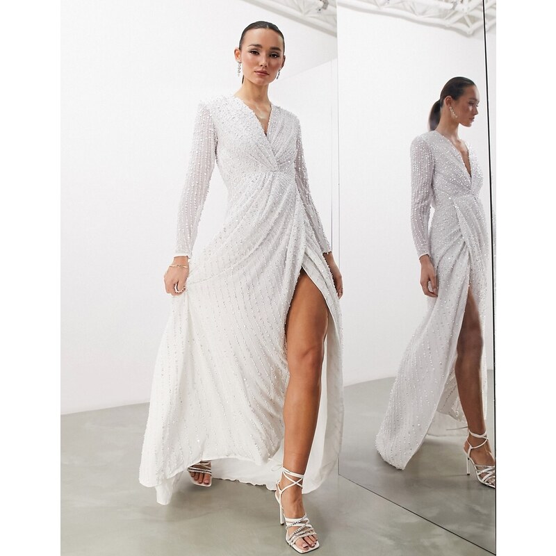 ASOS DESIGN - Alexa - Vestito da sposa a portafoglio a maniche lunghe con paillettes-Bianco