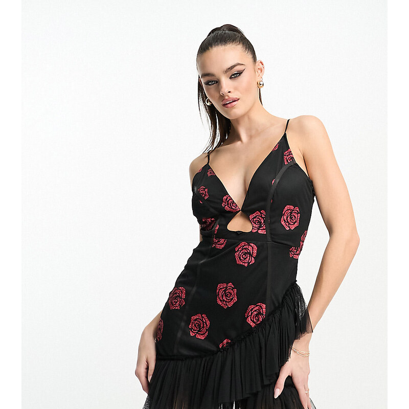 Esclusiva Lace & Beads - Vestito corto in tulle con rose glitterate e cut-out a cuore-Black