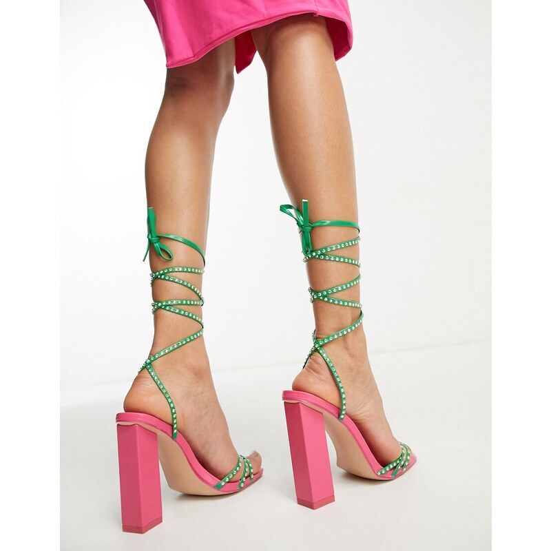 Esclusiva Public Desire x Paris Artiste - Obey - Sandali con tacco largo e allacciatura sulla gamba con strass rosa e verdi-Multicolore