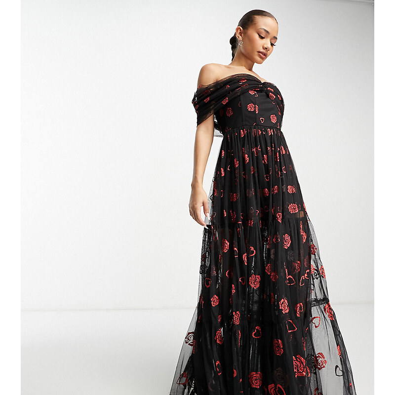Esclusiva Lace & Beads - Vestito lungo a corsetto con cuori glitterati-Black