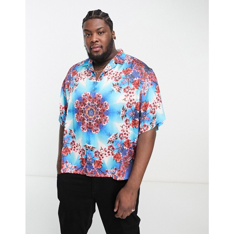 ASOS DESIGN - Camicia squadrata oversize in raso con stampa floreale effetto caleidoscopio-Multicolore