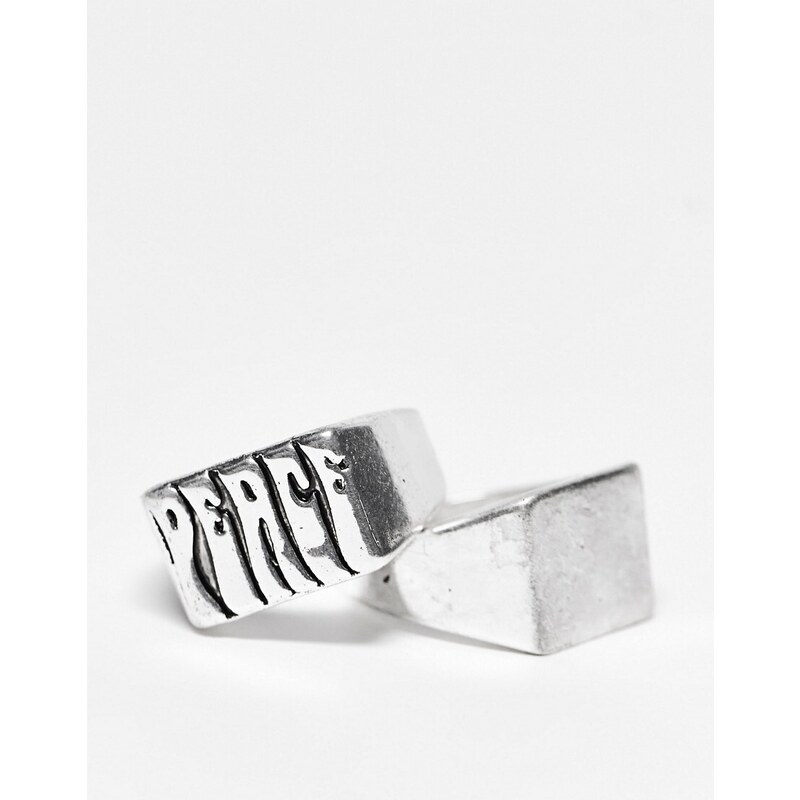 ASOS DESIGN - Confezione da 2 anelli con sigillo sottili color argento brunito con design "Peace" anni '70