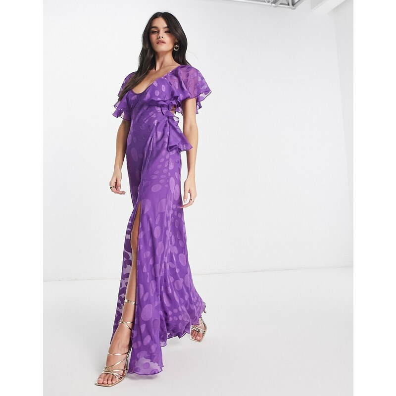 ASOS DESIGN Vestito lungo in raso viola a pois con maniche con volant e  aperto dietro