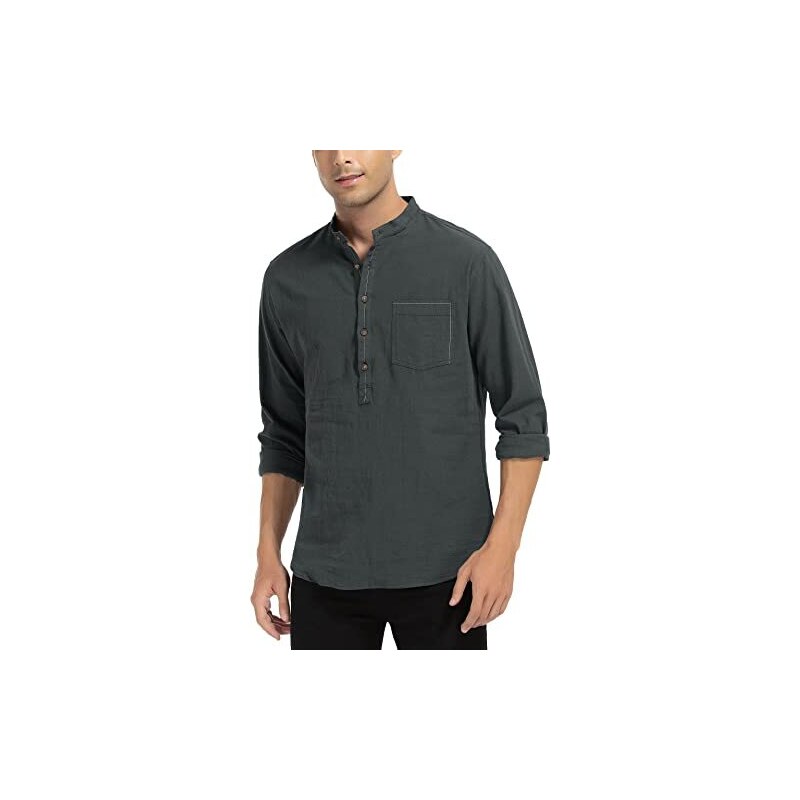 Camicia Uomo Lino Collo Serafino Mezzo Bottone Tinta Unita Casacca Sen - Foto 6