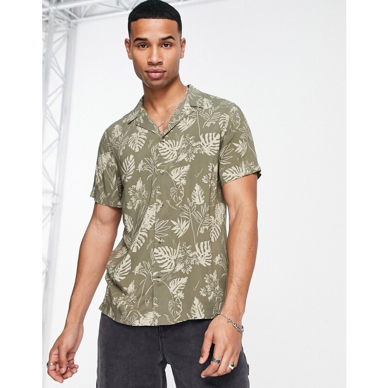 New Look - Camicia kaki con rever e stampa tropicale-Verde