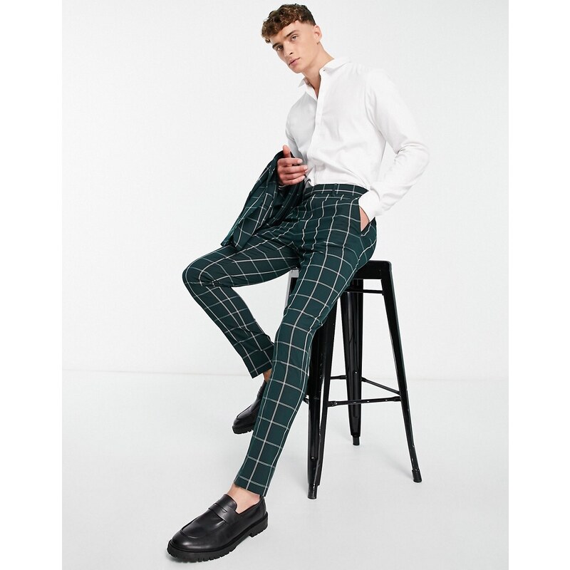ASOS DESIGN - Pantaloni da abito skinny con motivo verde-azzurro a quadri