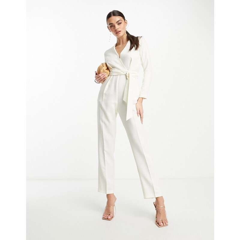 Closet London - Tuta jumpsuit kimono allacciata in vita color avorio-Bianco
