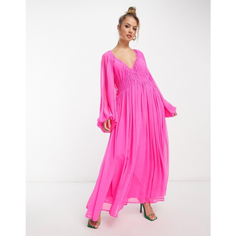 ASOS Edition - Vestito lungo in chiffon rosa acceso raccolto in vita