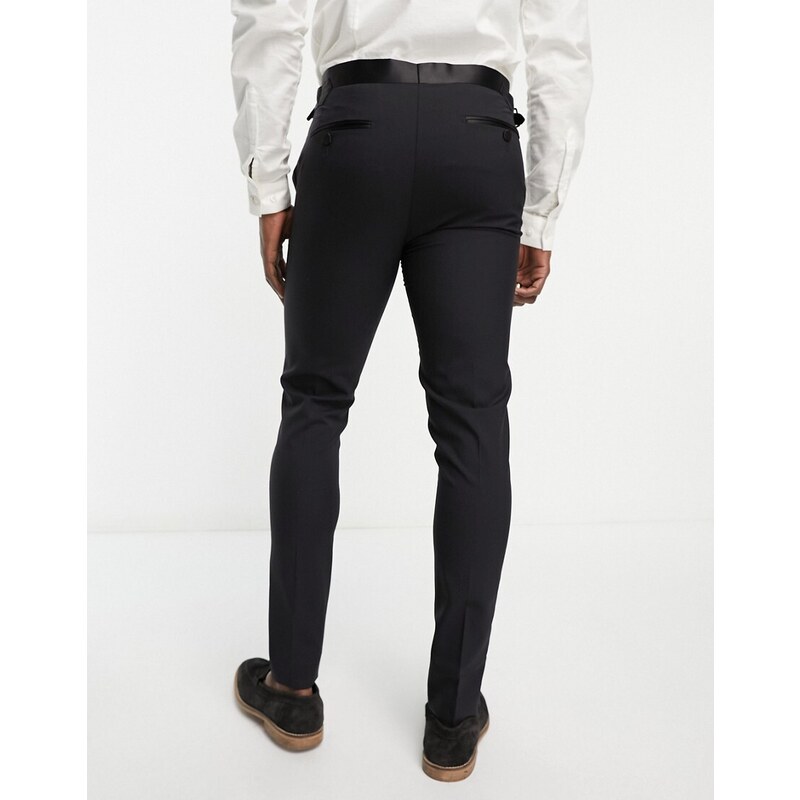 Noak - Verona - Pantaloni da smoking skinny in misto lana neri con strisce in raso laterali-Black