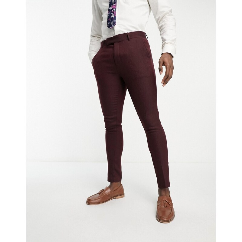 ASOS DESIGN - Pantaloni da abito super skinny in misto lana bordeaux a spina di pesce-Rosso