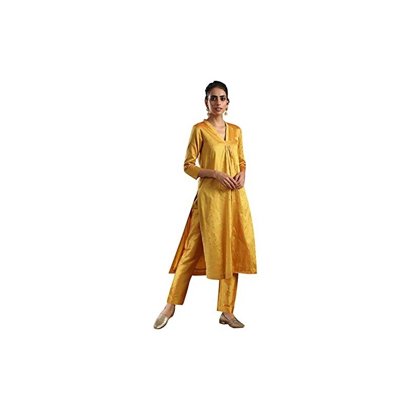 STYLE INSTANT Kurti indiano da donna con pantaloni  Abito Kurta Kurtis in  tessuto di seta artistico per donna Top tunica, Giallo, XL 